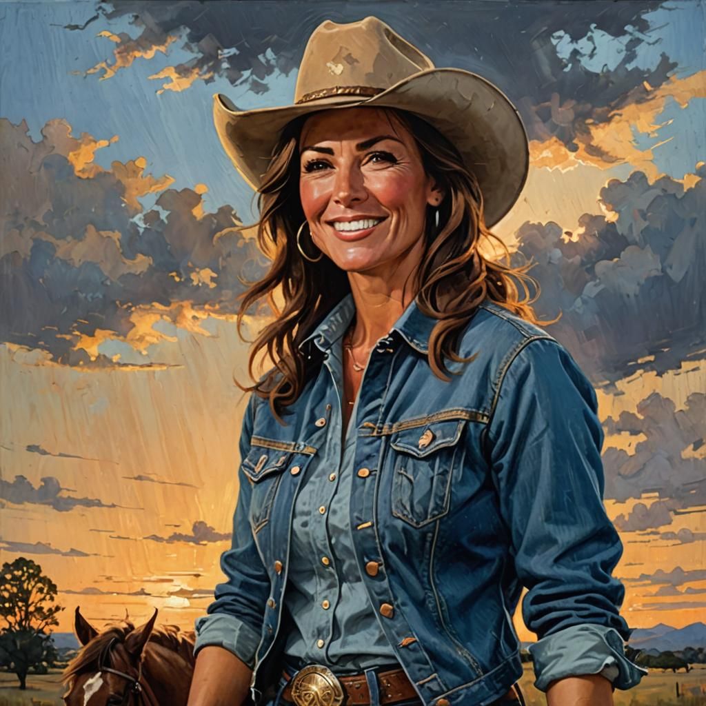 Cowgirl Rides at Dusk: Impressionistic Oil Portrait