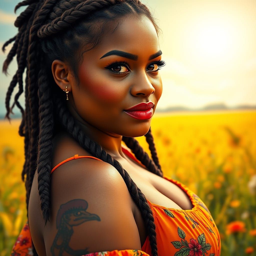 Confident Beauty in a Sun-Drenched Field