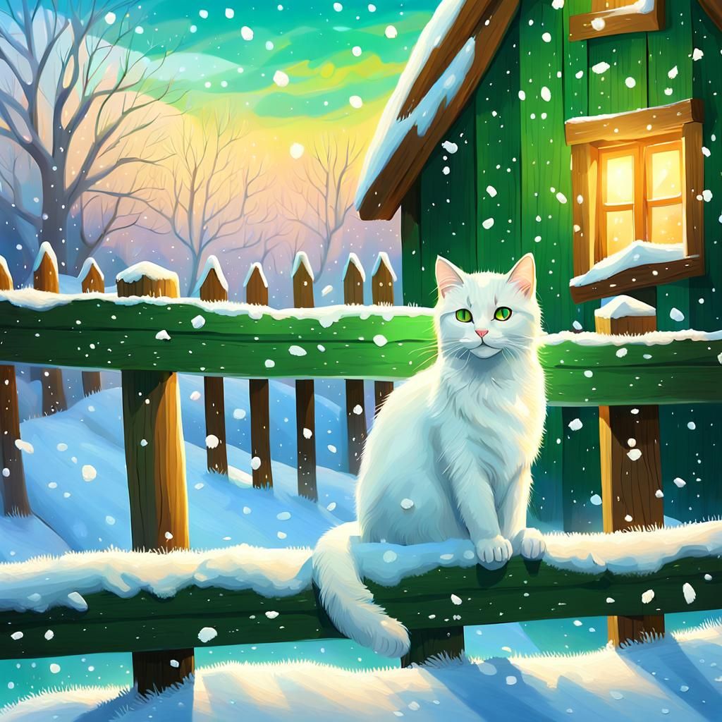Whimsical White Cat in Winter Wonderland