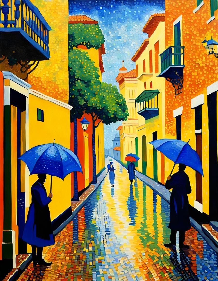 A rainy day on an Old San Juan street done in pointillism st...