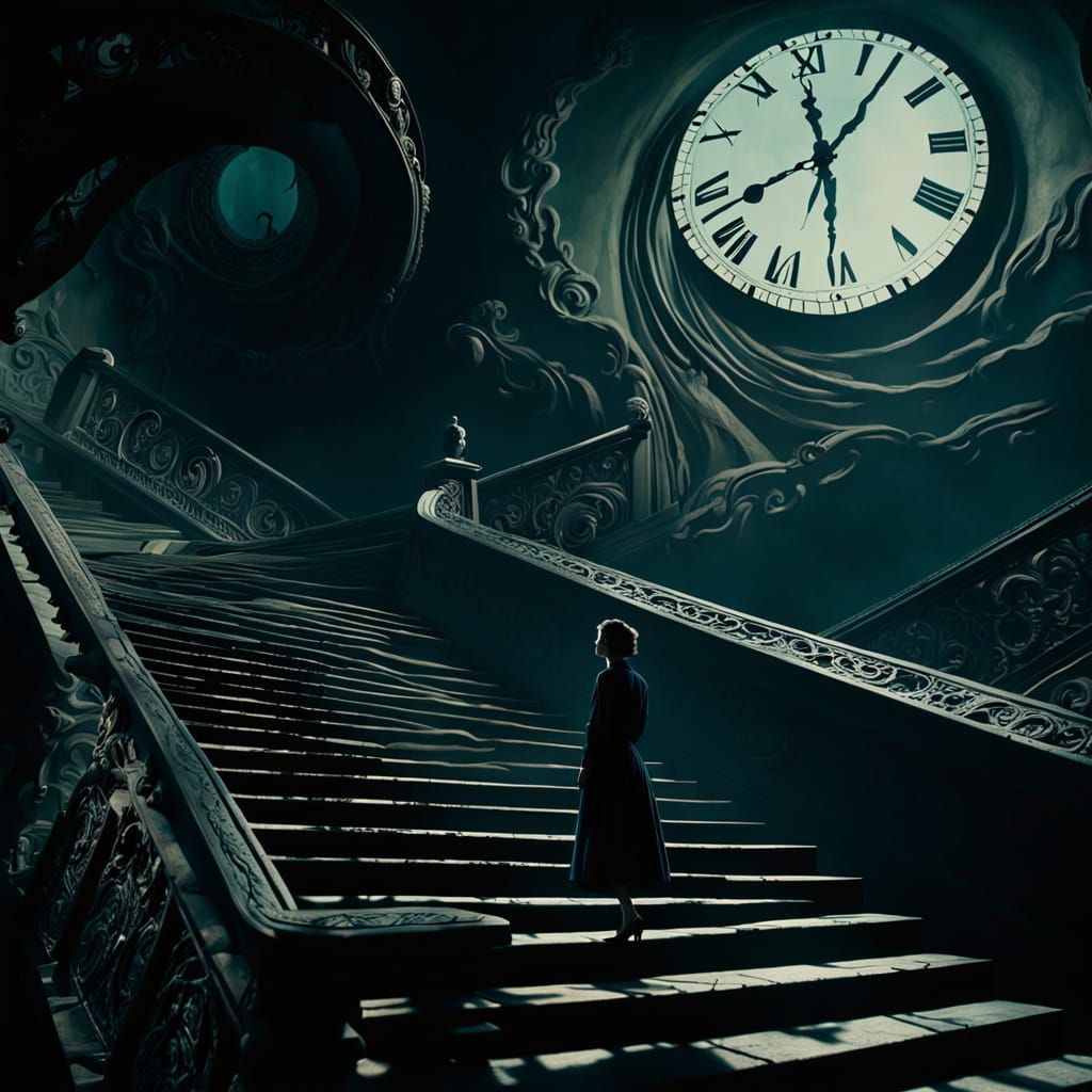 Surreal Woman on Staircase with Melting Clocks