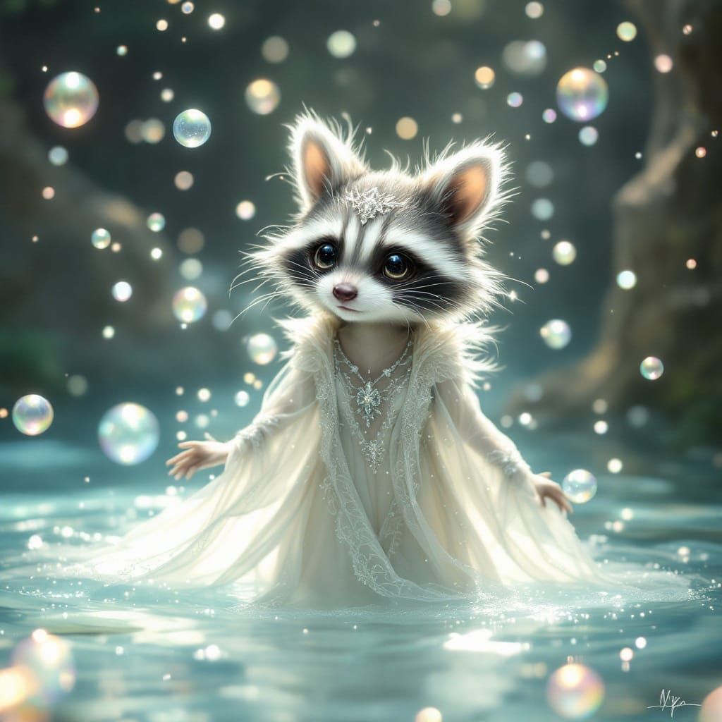 Whimsical Raccoon Galadriel Emerges from Shimmering Pool