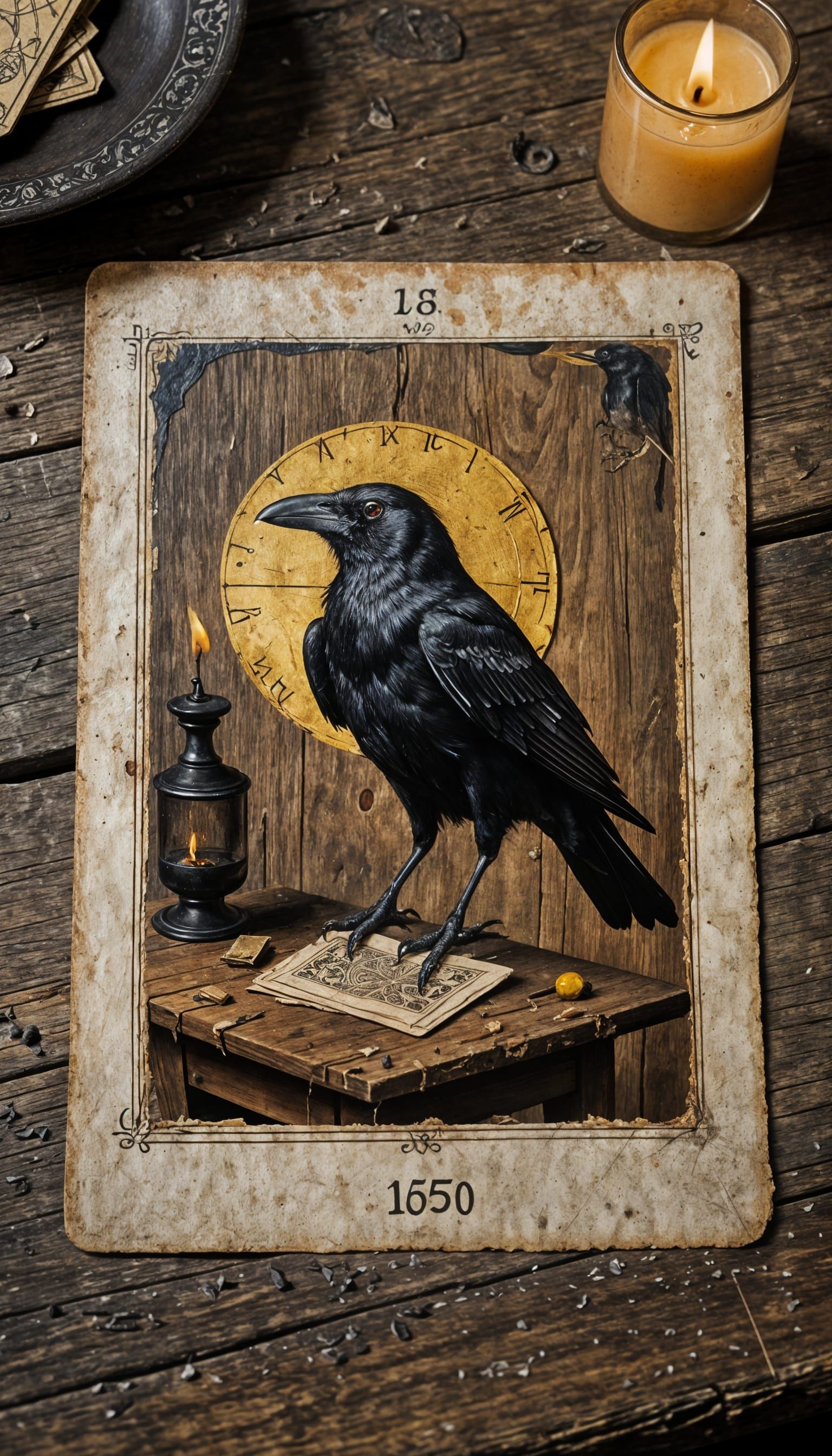 Antique Tarot Card with Crow Drawing