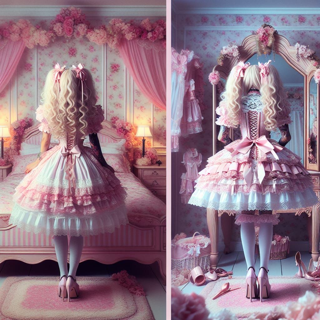 Demonic King Adjusts Maid's Attire in Girly Bedroom