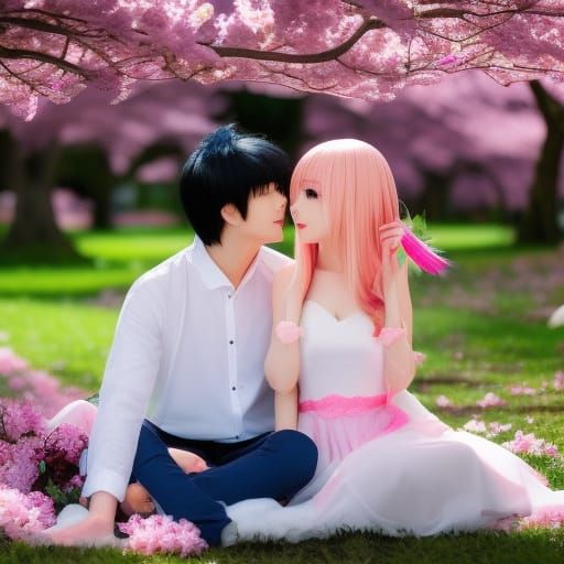 Anime Couple on Swing Under Cherry Blossoms