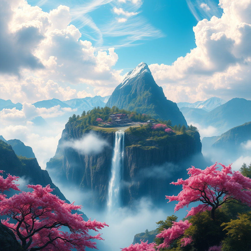 Floating Island with Waterfall and Cherry Blossoms