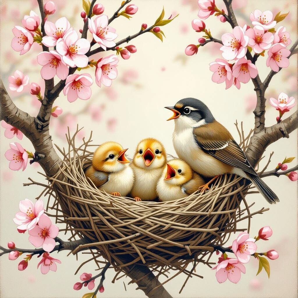 Chicks in Cherry Tree Nest: Vintage Illustration