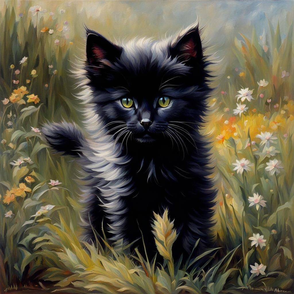 Fluffy Black Kitten in Garden, Waterhouse Style