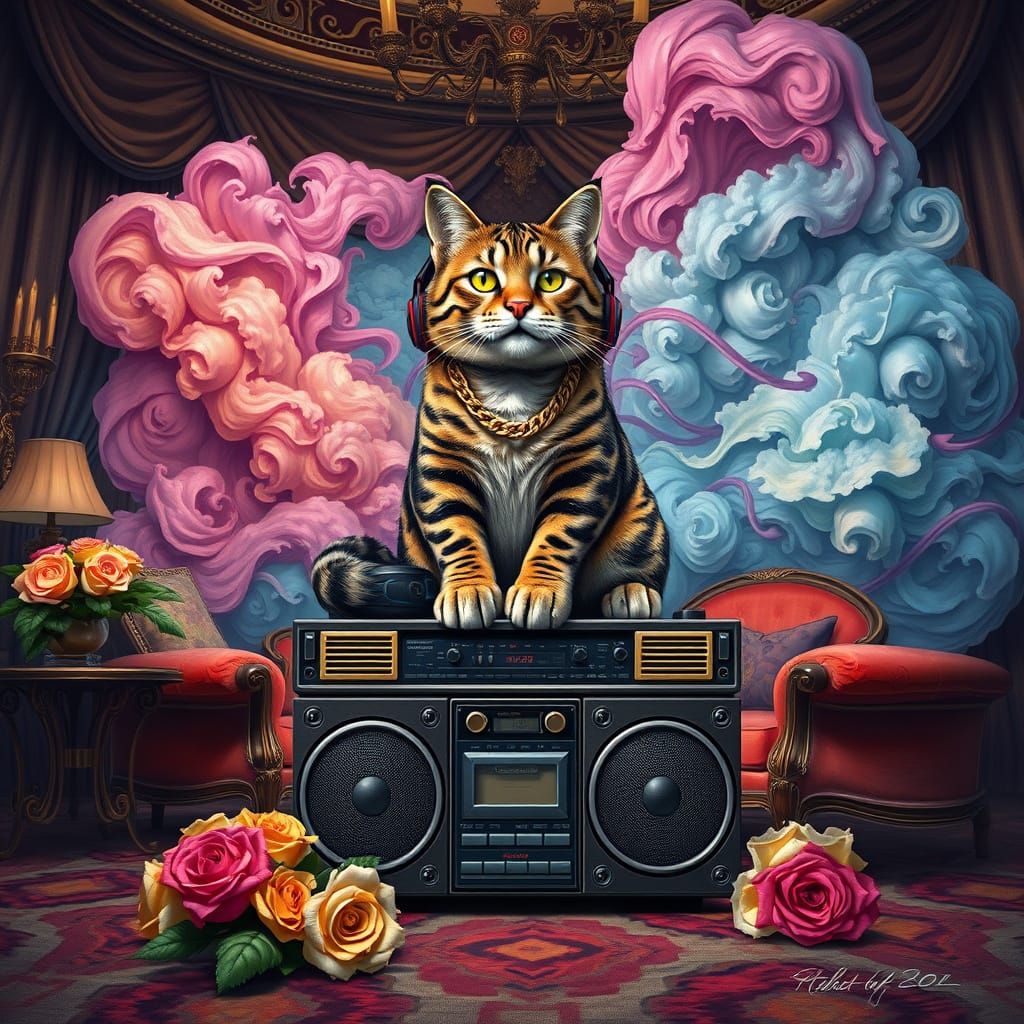 Hip Hop Cat on Boombox in Gouache Style