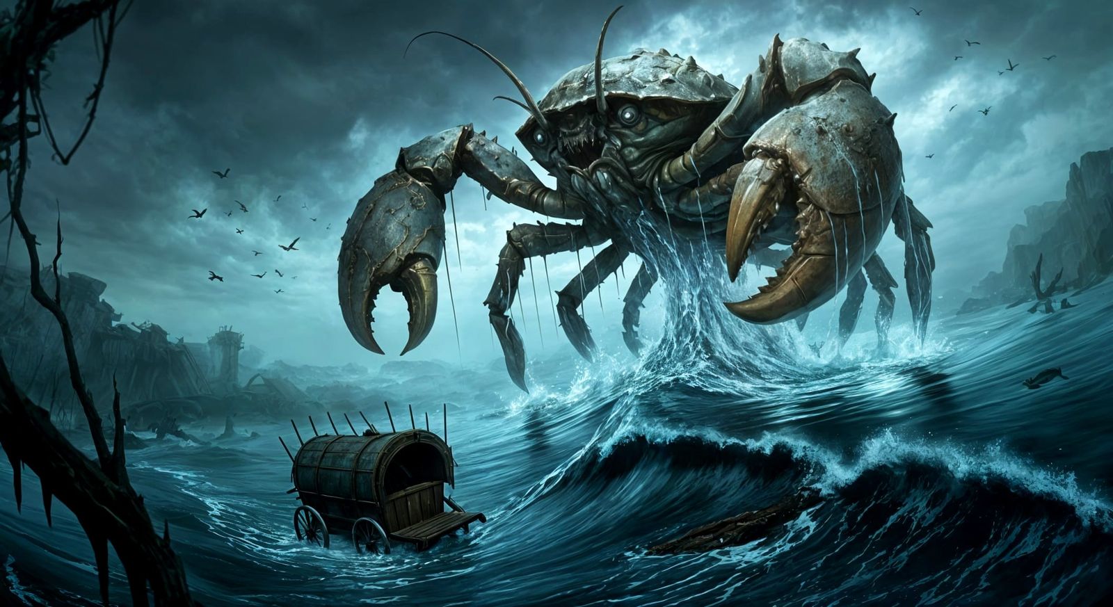 Colossal Elemental Crab Emerges from Murky Swamp