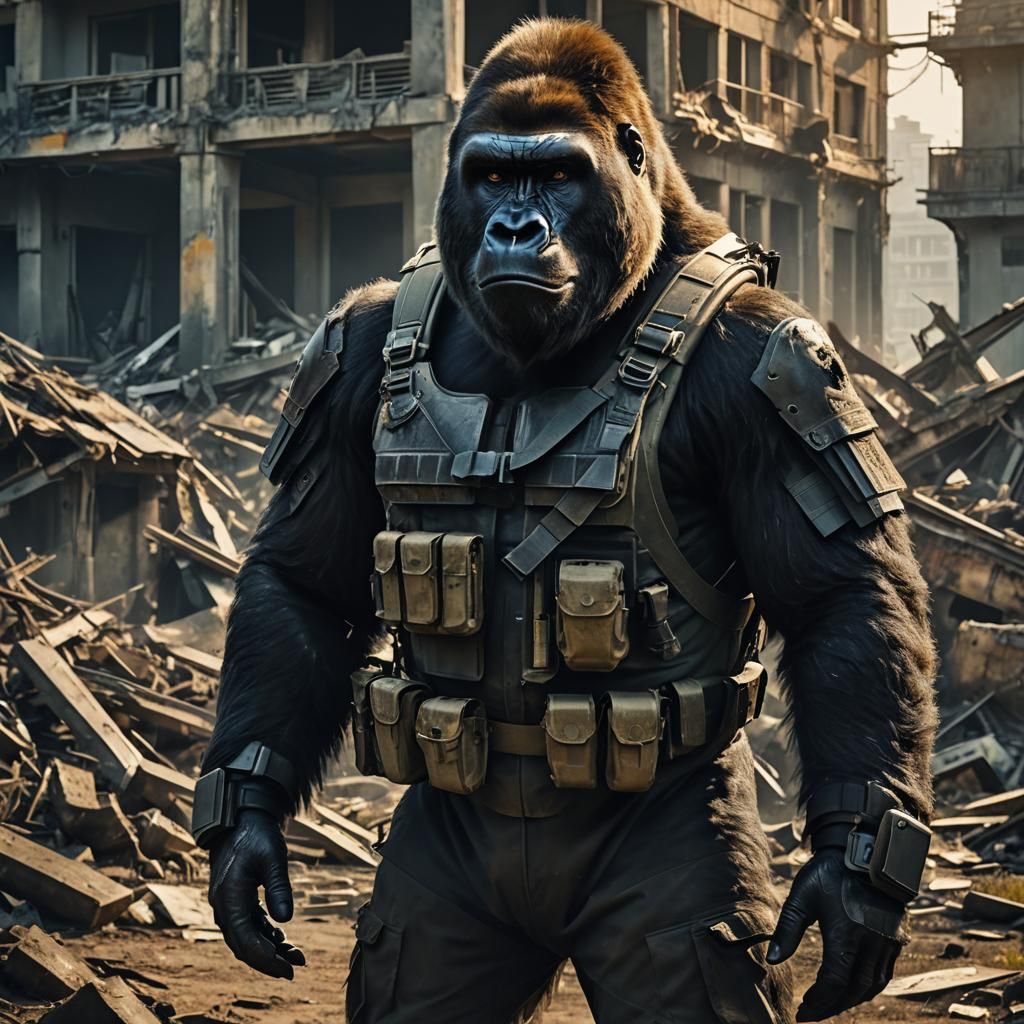 Gorilla Soldier in Ruined City: Cinematic Still