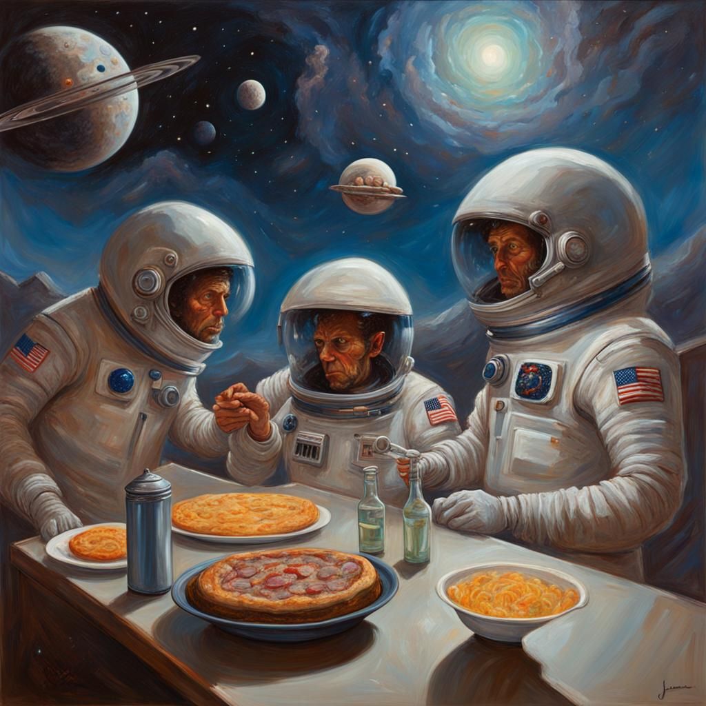 Cosmic Cookout on a Space Station: Oil Painting