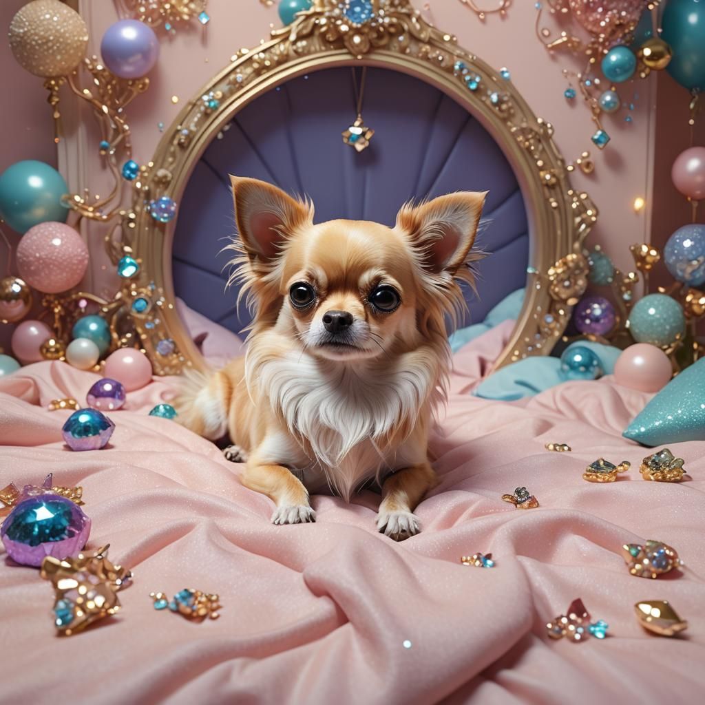 Chihuahua on Soft Bed with Magic Crystals