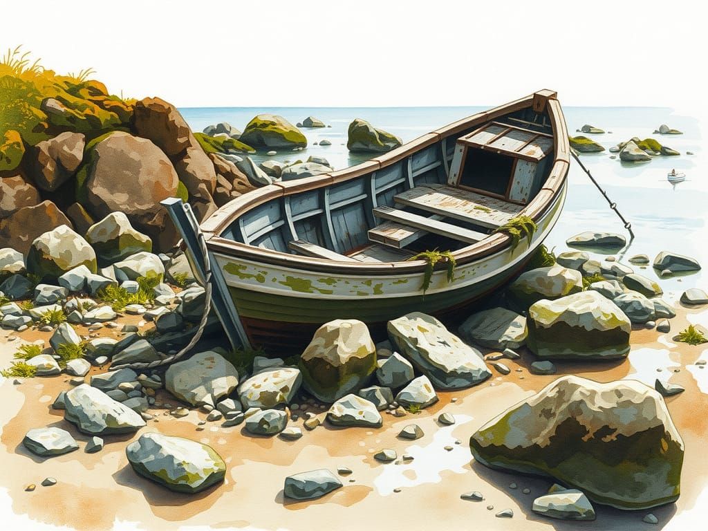 Abandoned Boat on Rocky Beach: Watercolor Painting