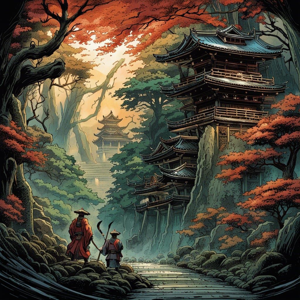 Shogun's Spirit in Ancient Forest: Comic Book Art
