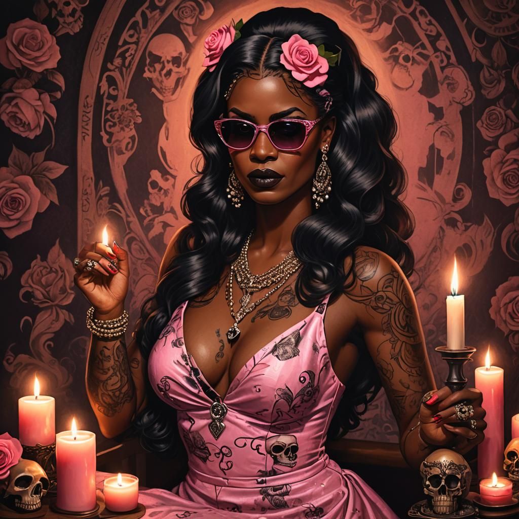 1girl, solo,pin up, jewelry, sunglasses, tattoo, black_hair, earrings, dress, long_hair, bracelet, necklace, skull, cand...
