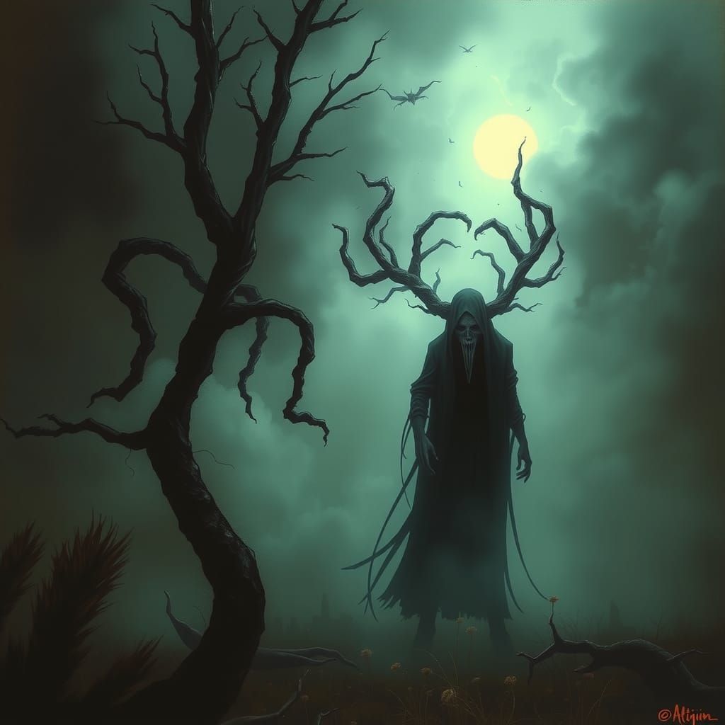 Haunting Mystical Figure in Dark Surrealist Landscape