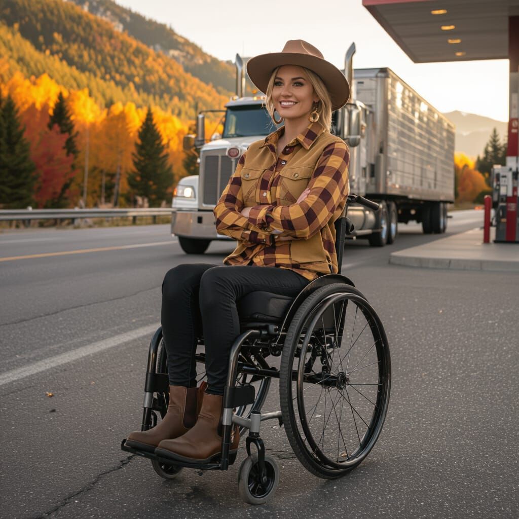 Paraplegic Woman Poses by Kenworth Truck in Autumn