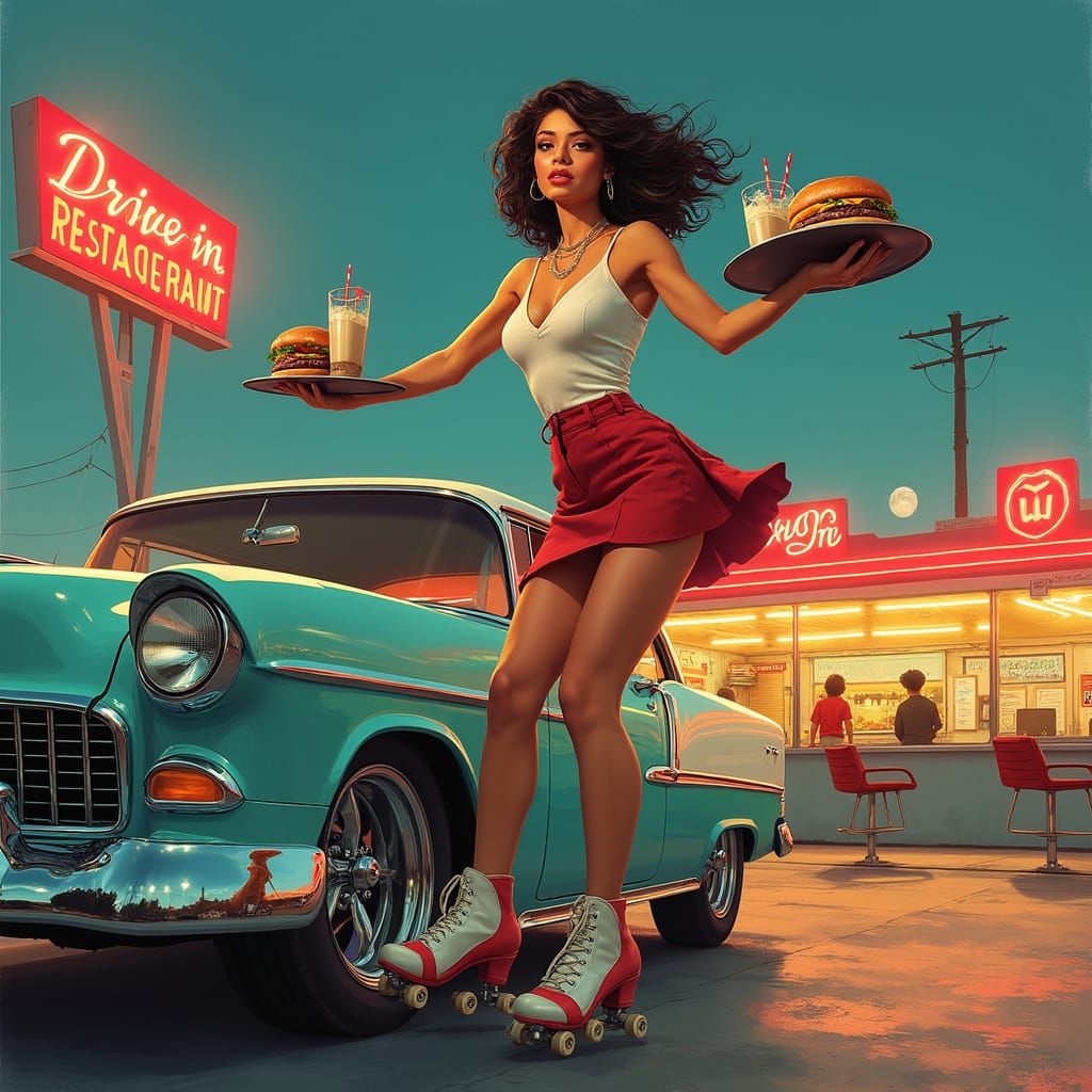 Radiant Carhop on Wheels in Hyper-Realistic Style