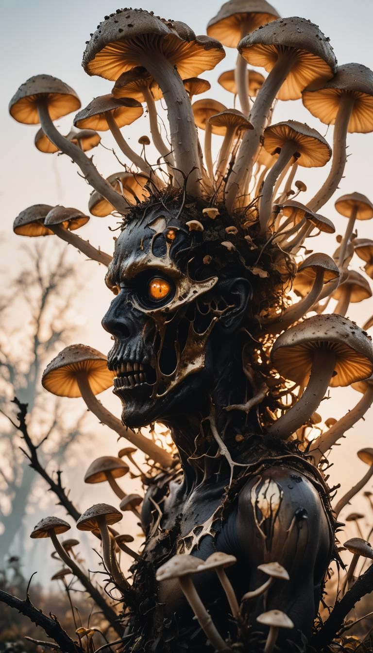 Horror Creature Silhouette with Mushrooms in Golden Hour