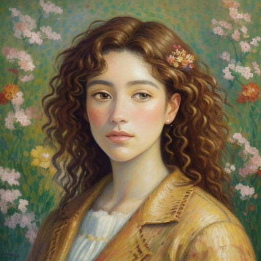 Neo-Impressionist Woman with Flowers in Impasto Oil