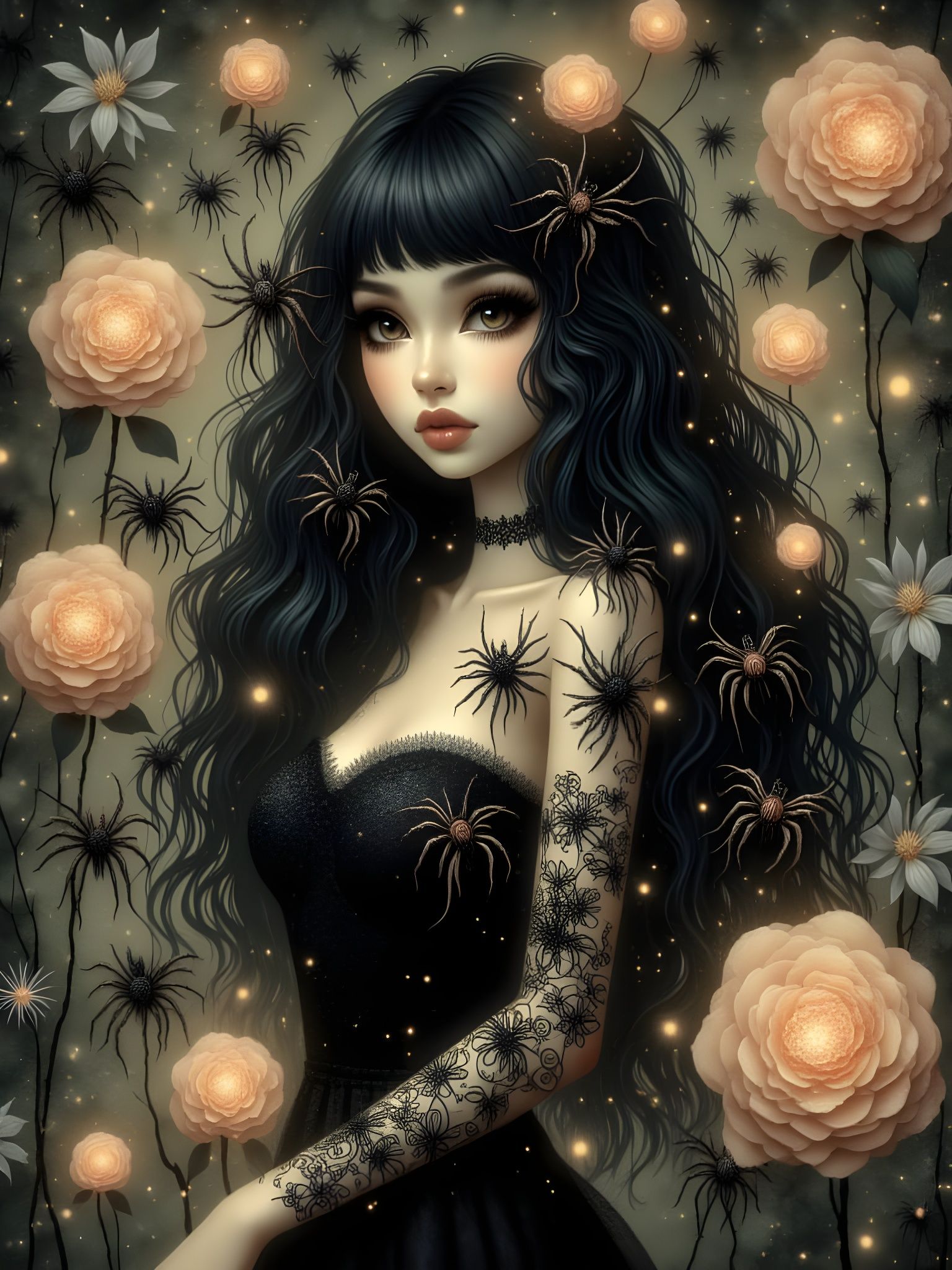 Mysterious Woman in Lace Dress with Magical Tarantulas