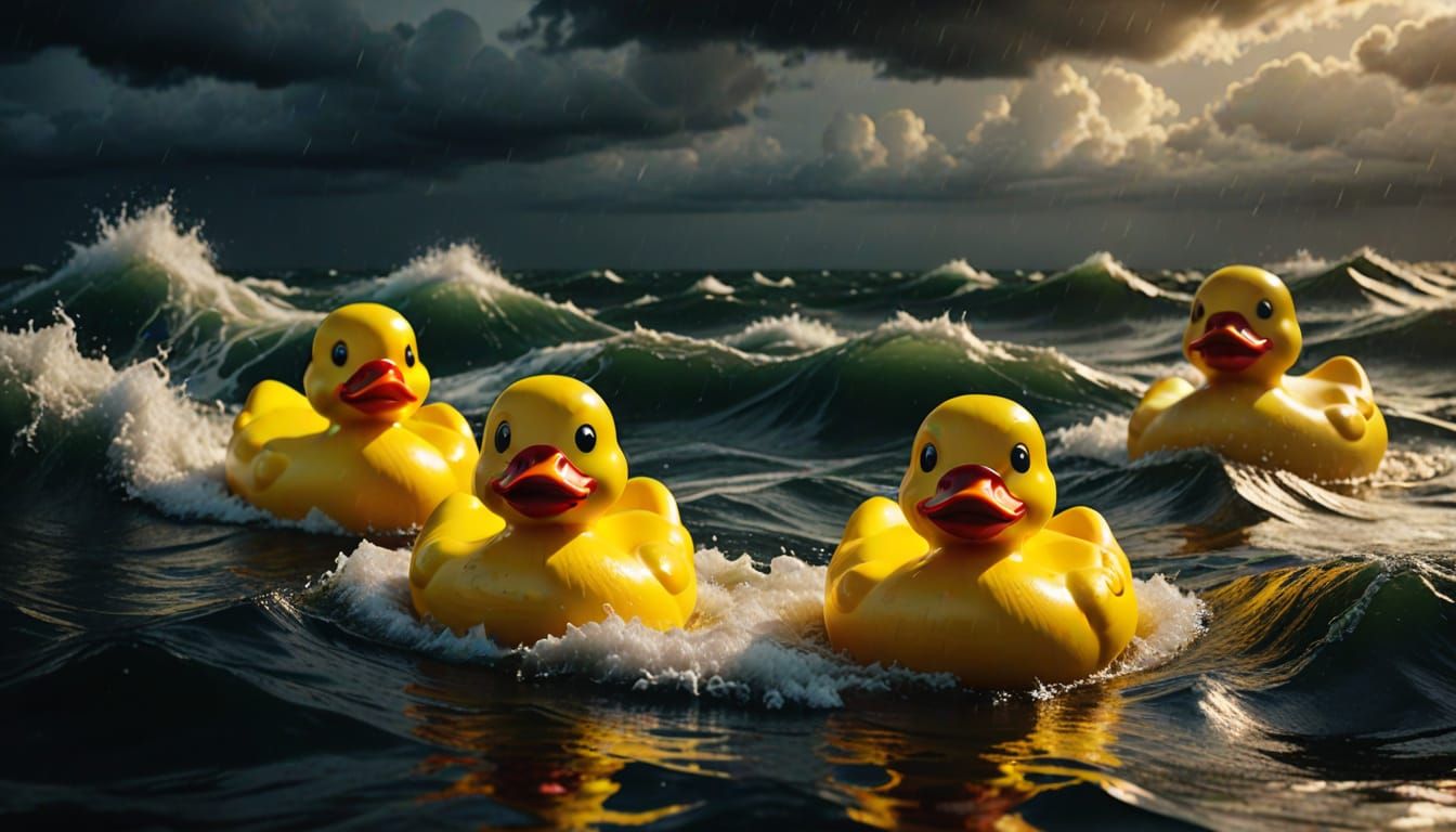 Rubber Ducks Brave Stormy Sea: Vivid Digital Art