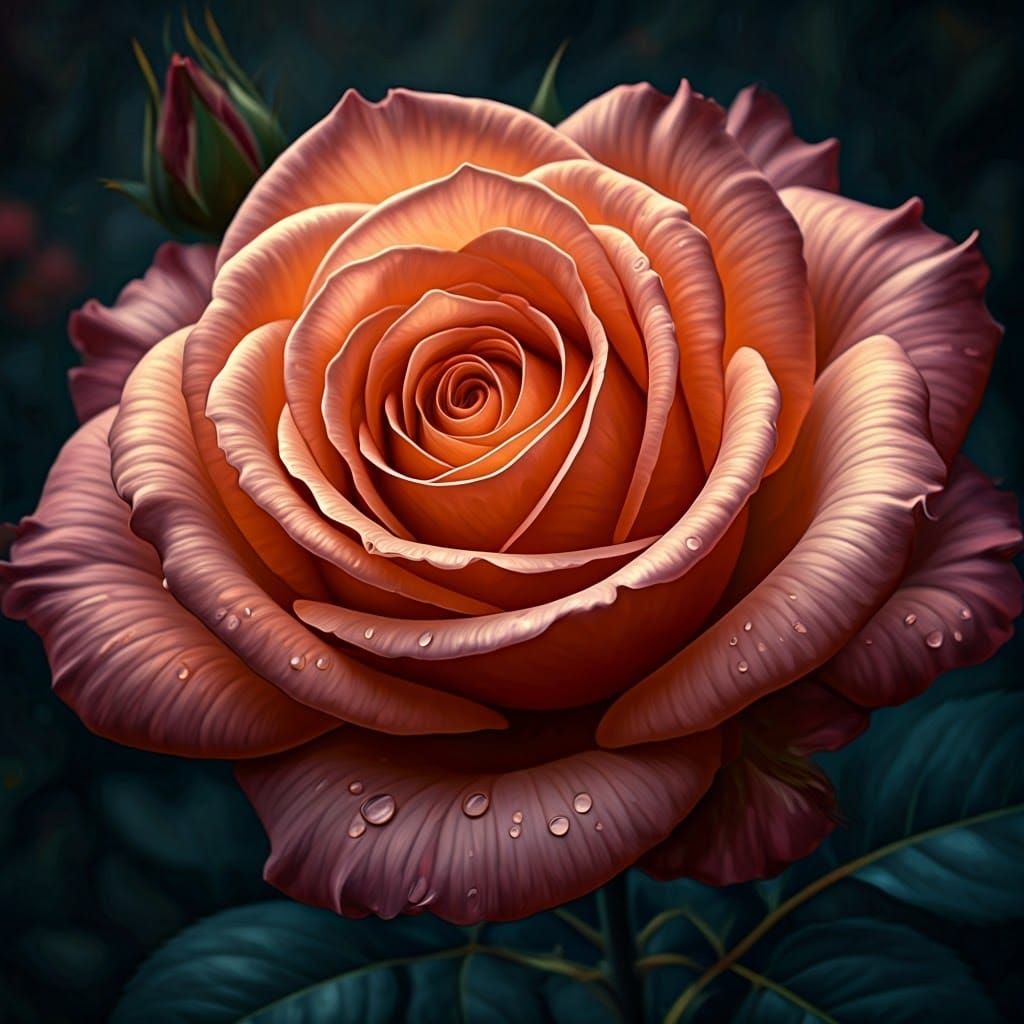 Velvety Rose with Dewdrops as Impasto Oil Painting