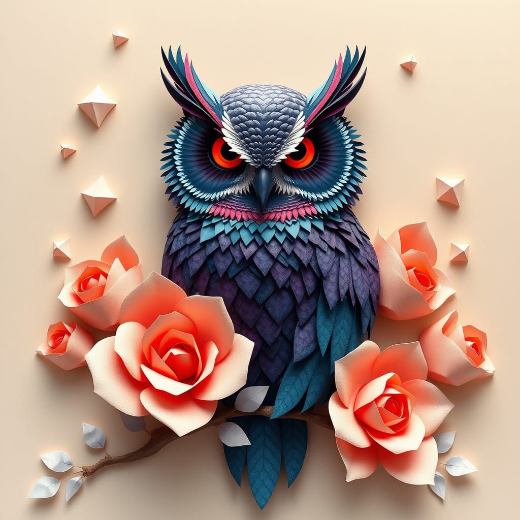Majestic Owl Amidst Rose Vortex in Vibrant Colors
