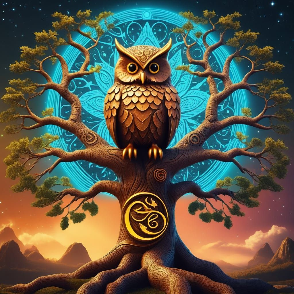 Whimsical Retro Blockbuster Yggdrasil Tree Illuminated by An...