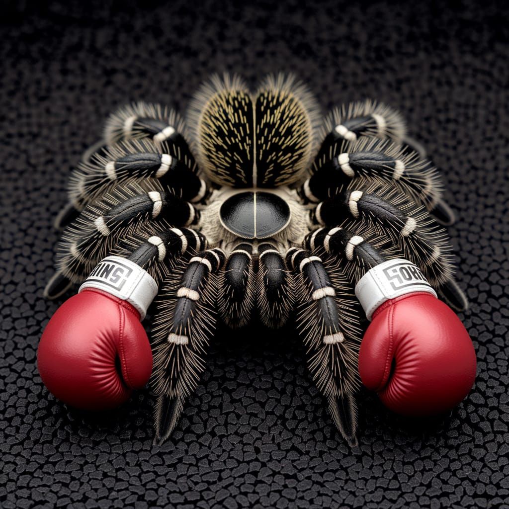 tarantula wearing tiny boxing gloves on its feet