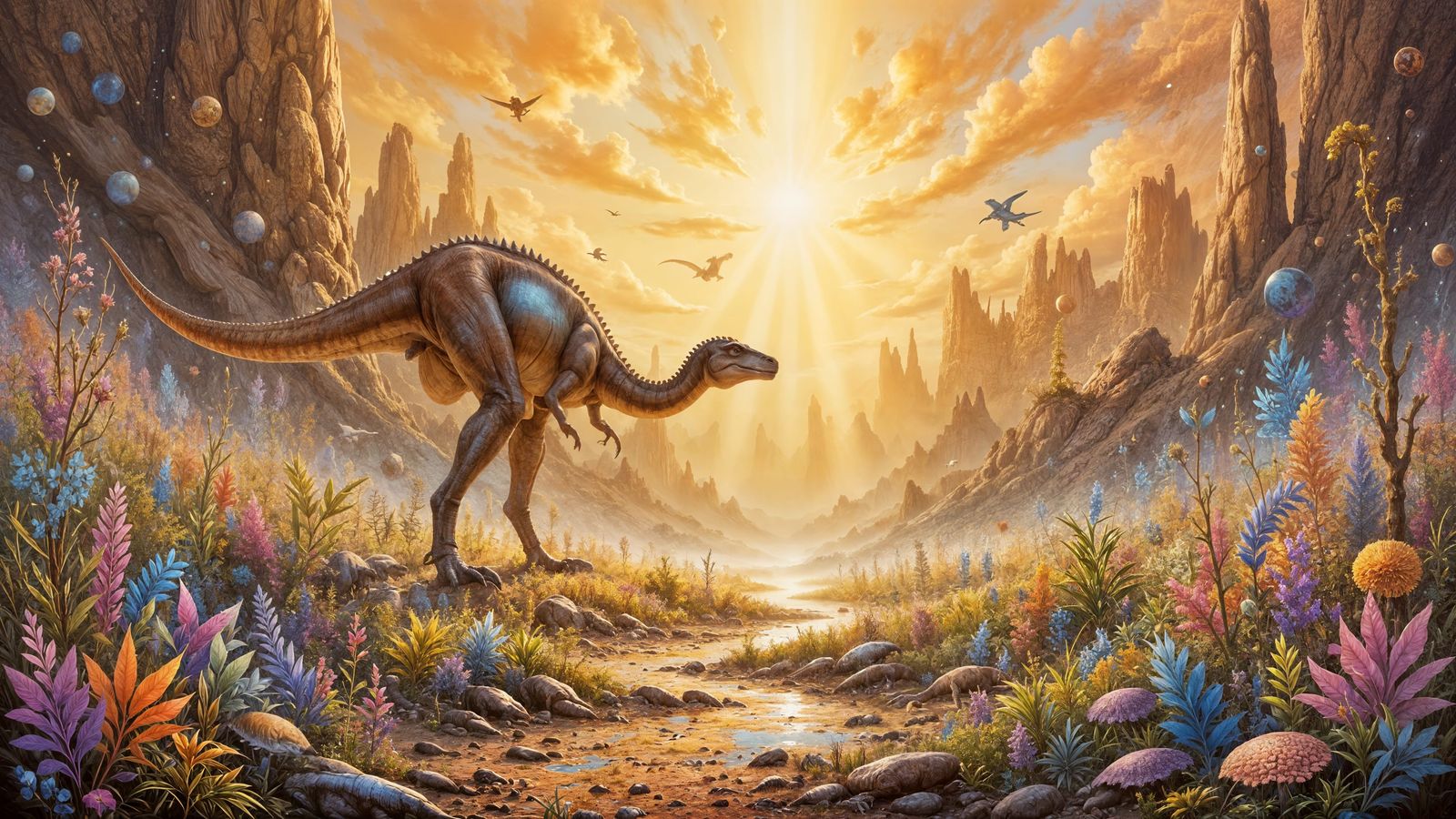 Dinosaur Fossils with Floral Patterns in Golden Sunlight