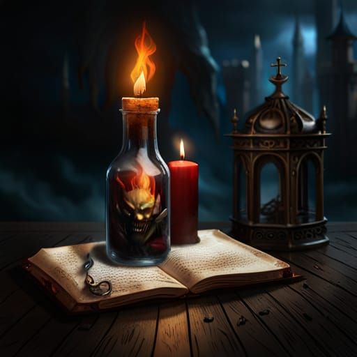 Shrunken Fire Demon Trapped in Glass Bottle