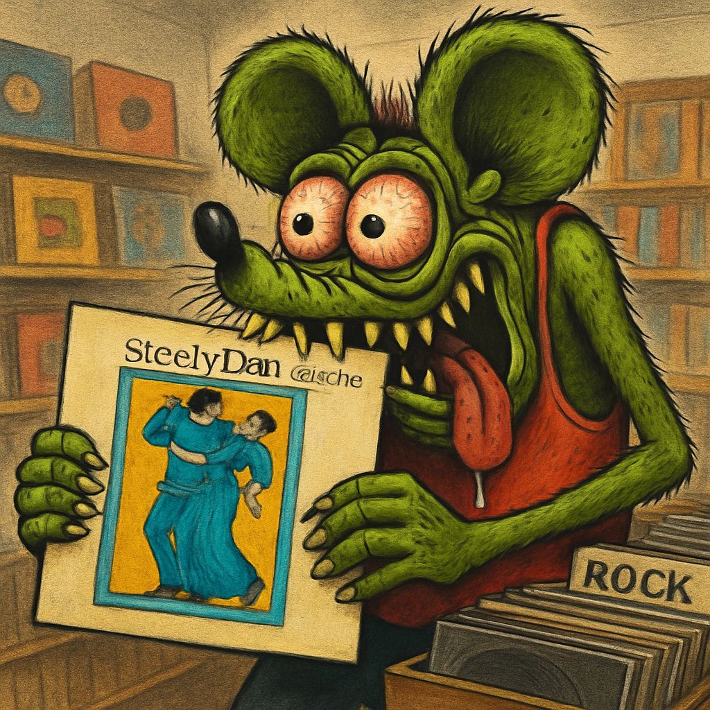 Grotesque Monster in Music Store Holding Steely Dan Album