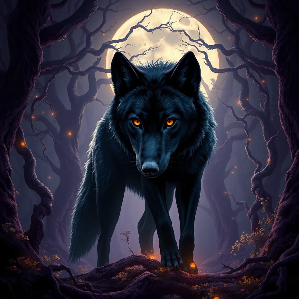 Majestic Black Wolf in Moonlit Forest