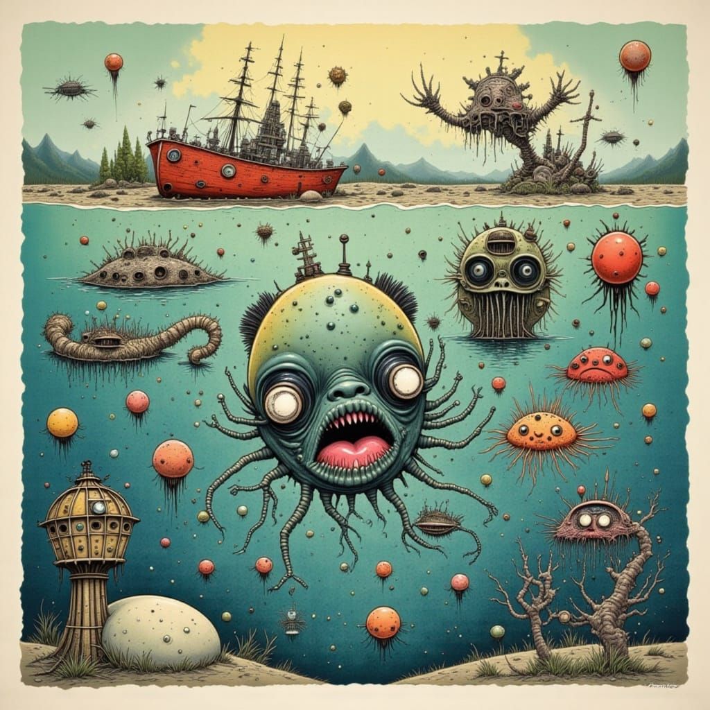 Axolotl Bats and Krill Droids in Surreal Underwater Scene