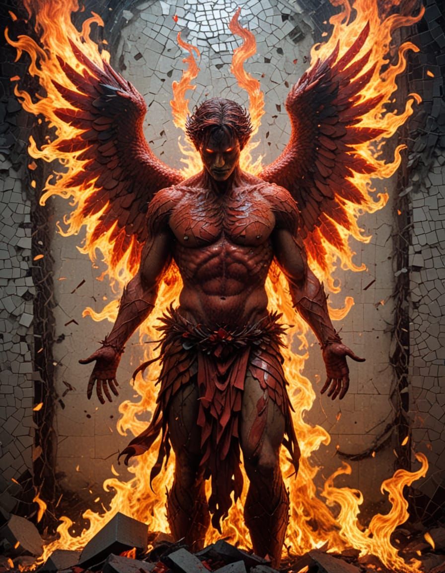 Surreal Fallen Angel Descends Amidst Fiery Ruins