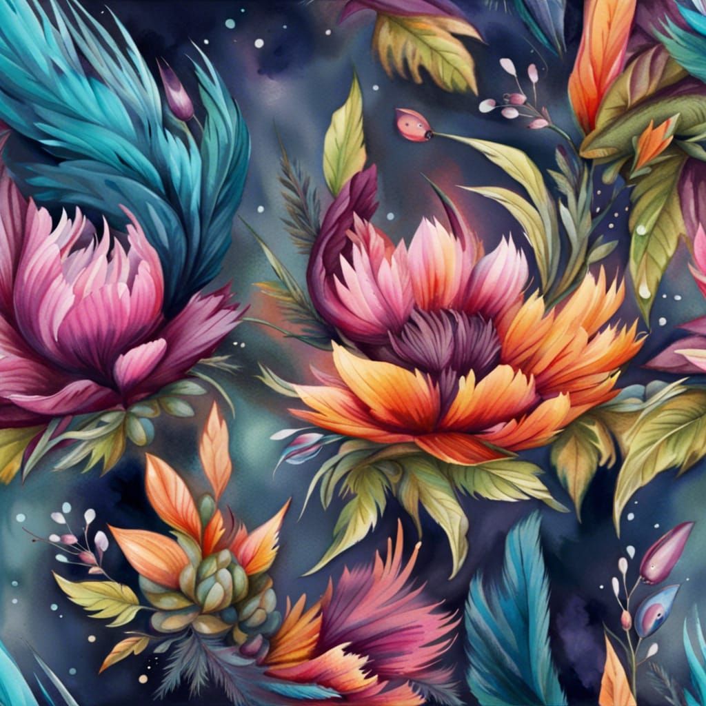 Feathers and Flowers Watercolor Graffiti Art