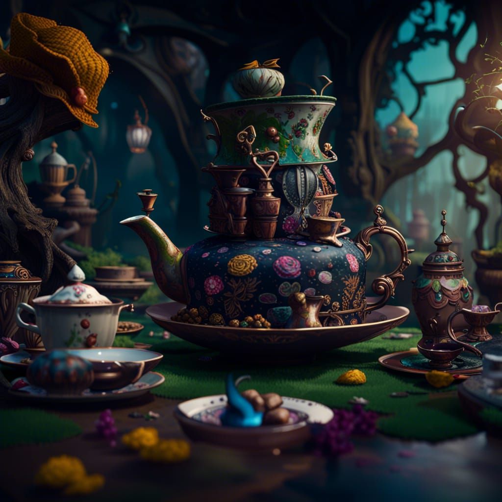Fantastical Mad Hatter's Tea Party in Matte Painting Style