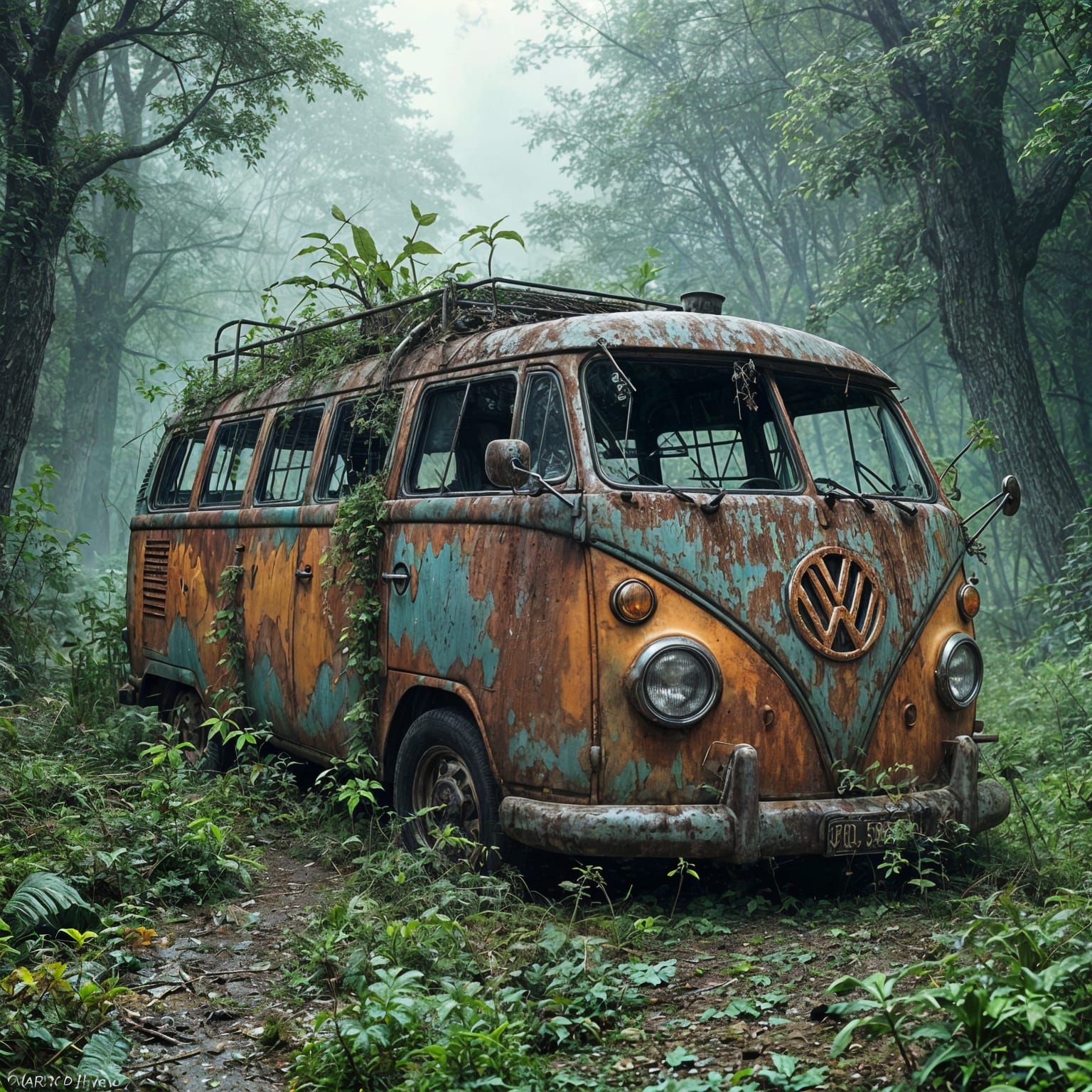 Decaying Hippie Van Lost in a Rainy Forest