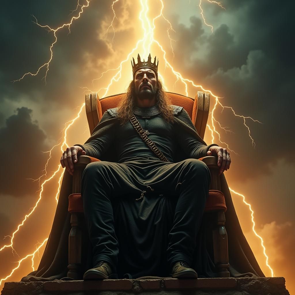 Monarch on Lightning Throne in Cinematic Film Still