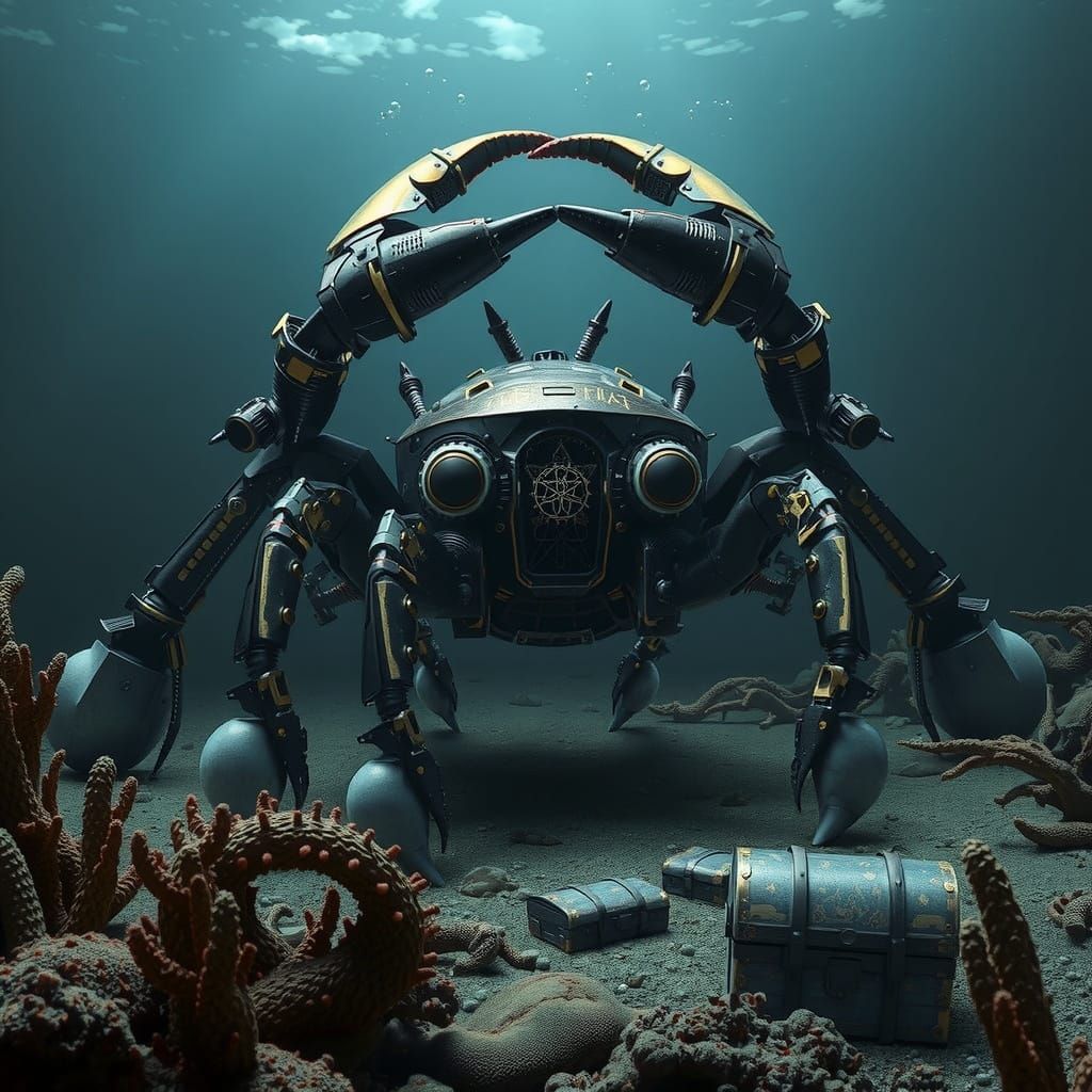 Mechanical Crab Prowls Dark Ocean in Biomechanical Style
