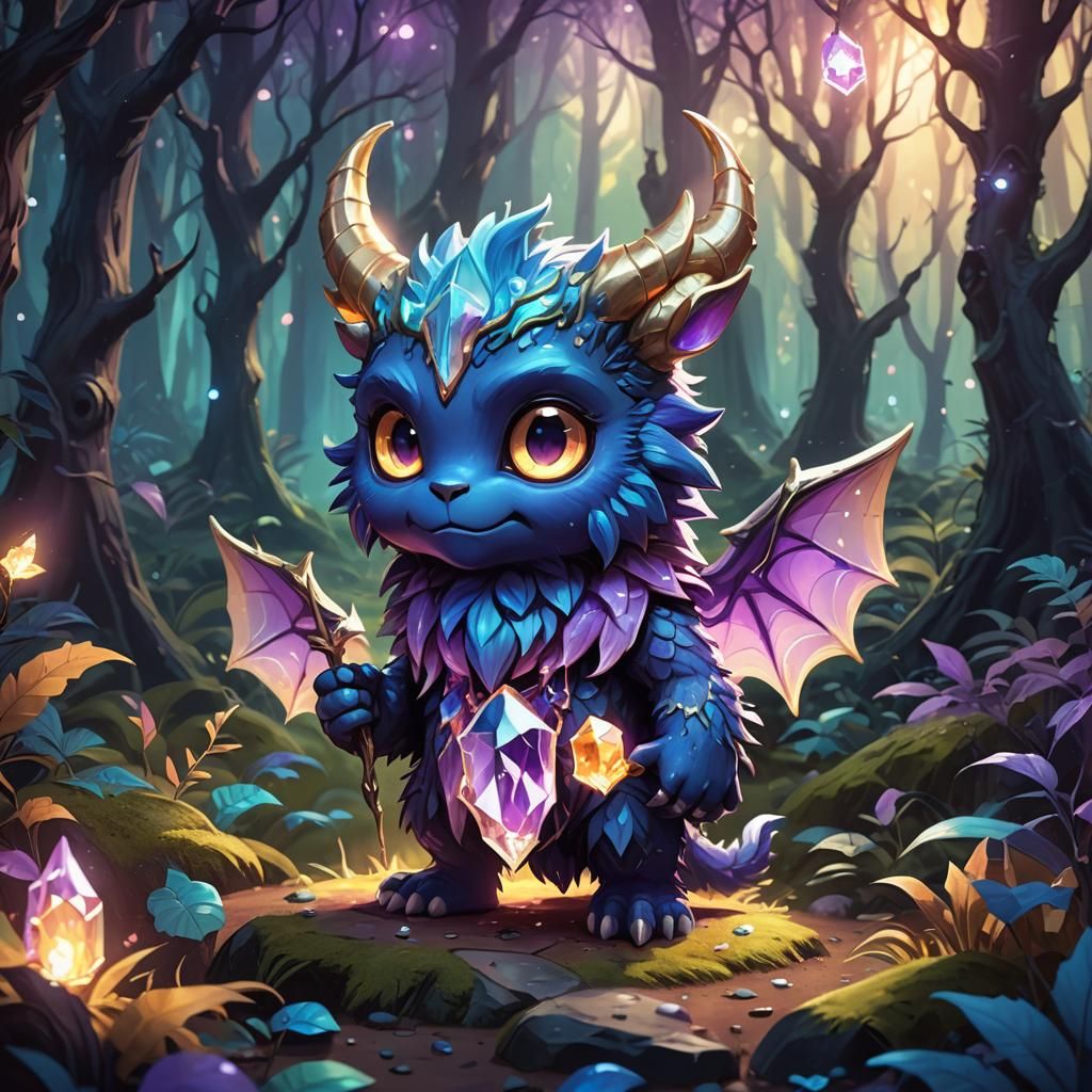 Chibi Monster with Glowing Crystal in Mystical Forest