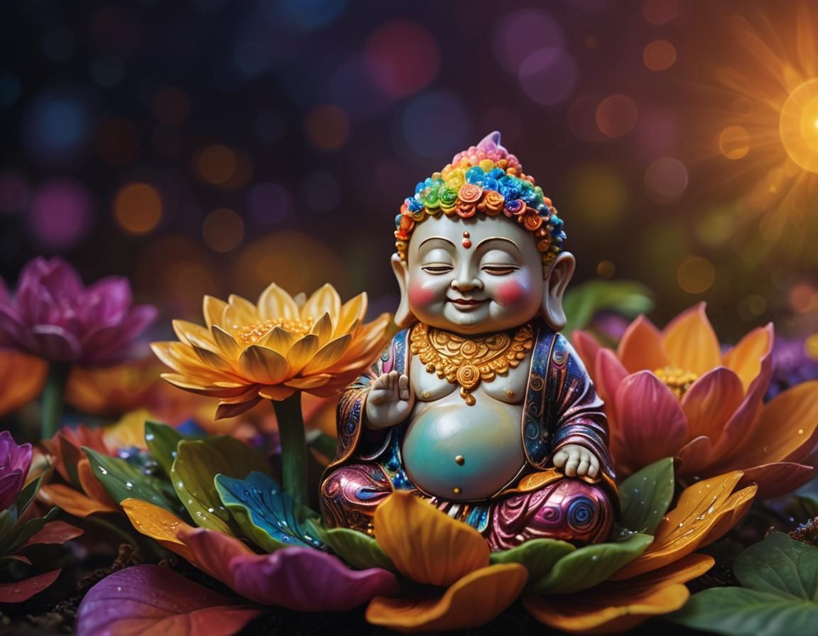 Psychedelic Buddha Gnome Meditating on Flower, Surrealism St...
