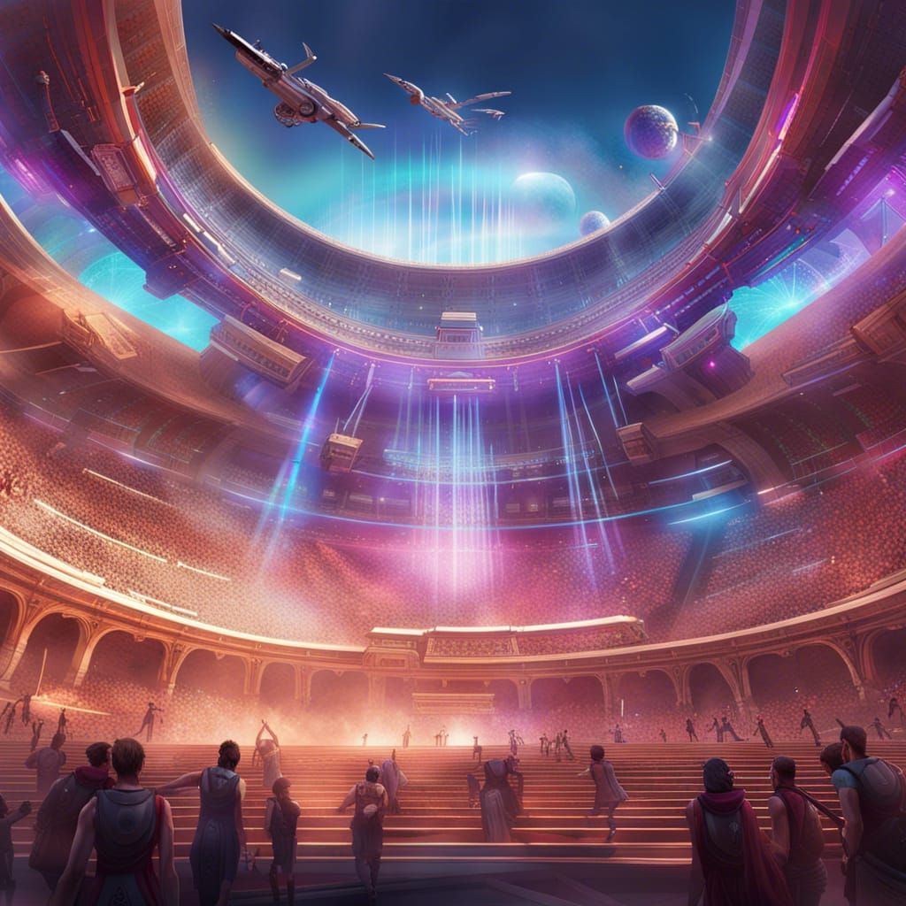 Futuristic Amphitheater with Holographic Gladiator Battles