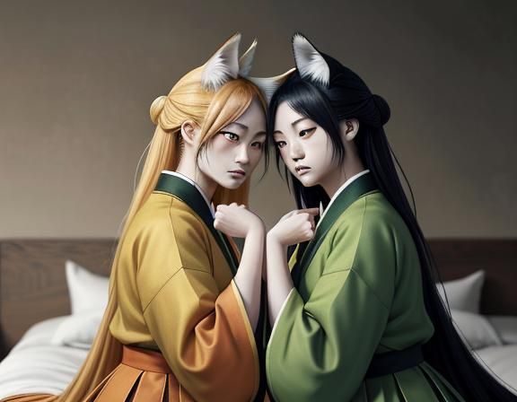 Twin Kitsune Girls Kissing: Manga Style Illustration