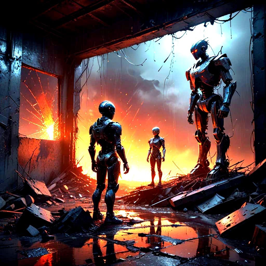 Robot, Boy, Girl Observe Photos in Destroyed Room