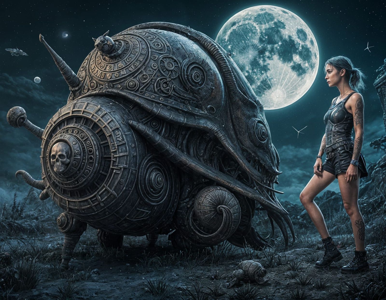 Gothic Sci-Fi Tattoo Design with Skull and Clock