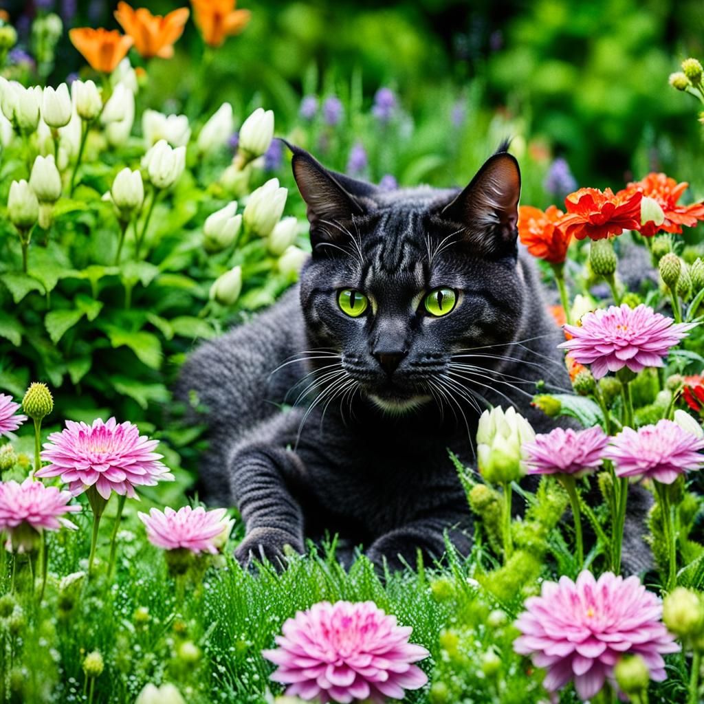 Hybrid Cat-Dragon Playing in a Flower Garden