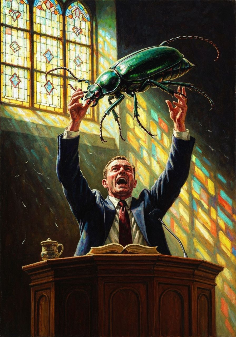 Preacher Holds Giant Beetle with Zealous Conviction